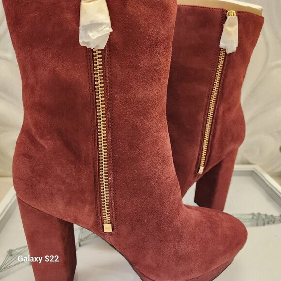 Michael Kors Frenchie Brandy Red Suede Block Heel Platform Ankle Booties NIB. - Picture 9 of 12